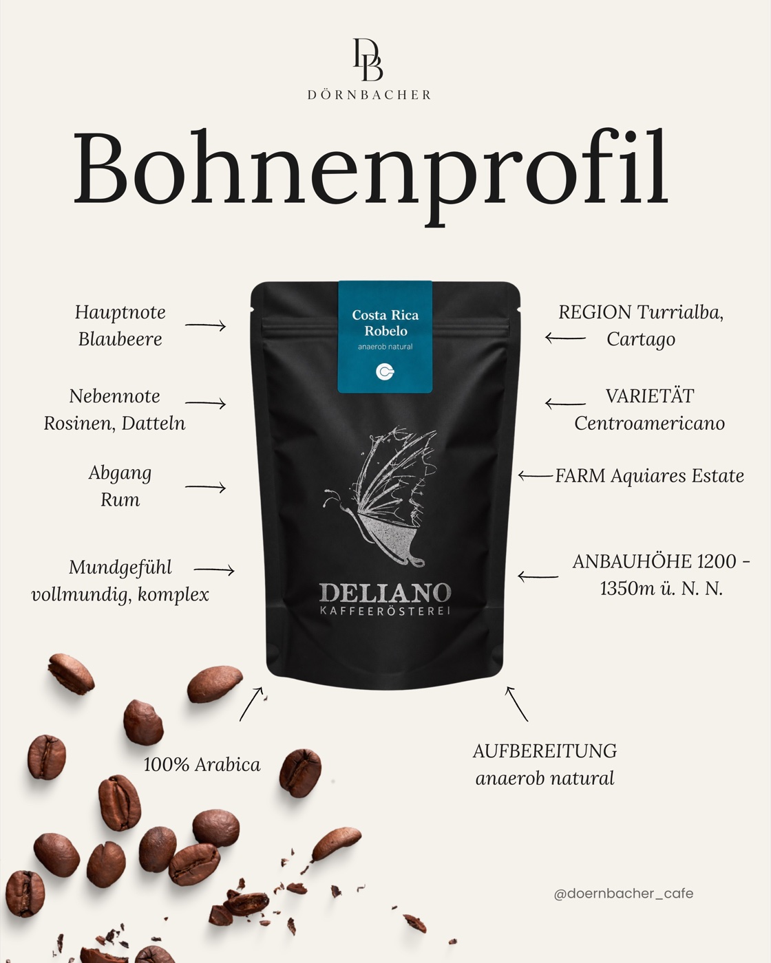 Bohnenprofil Costa Rica Robelo · Hauptnote Blaubeere · Region Turrialba/Cartago · Varietät Centroamericano · Farm Aquiares Estate · 1200–1350 m ü.N.N. · anaerob natural · 100% Arabica