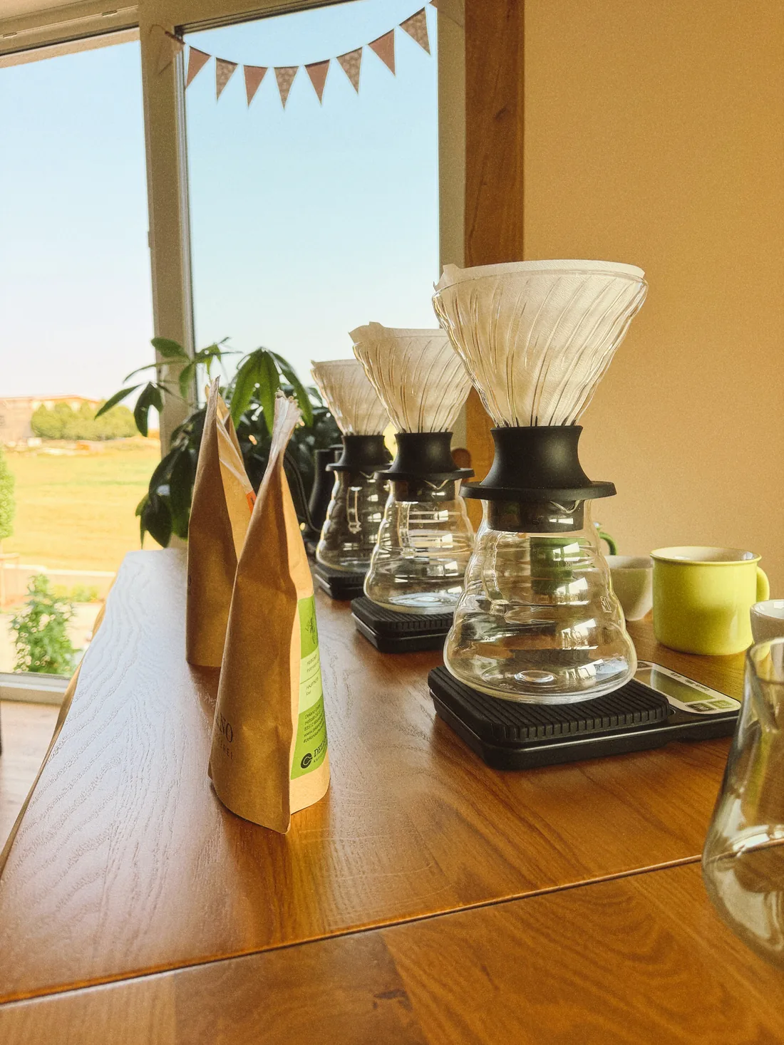 Maximilian D&ouml;rnbach am Holztisch vor drei Handfiltern aus Glas, daneben Kaffeewaagen und Bohnent&uuml;ten der R&ouml;sterei Deliano