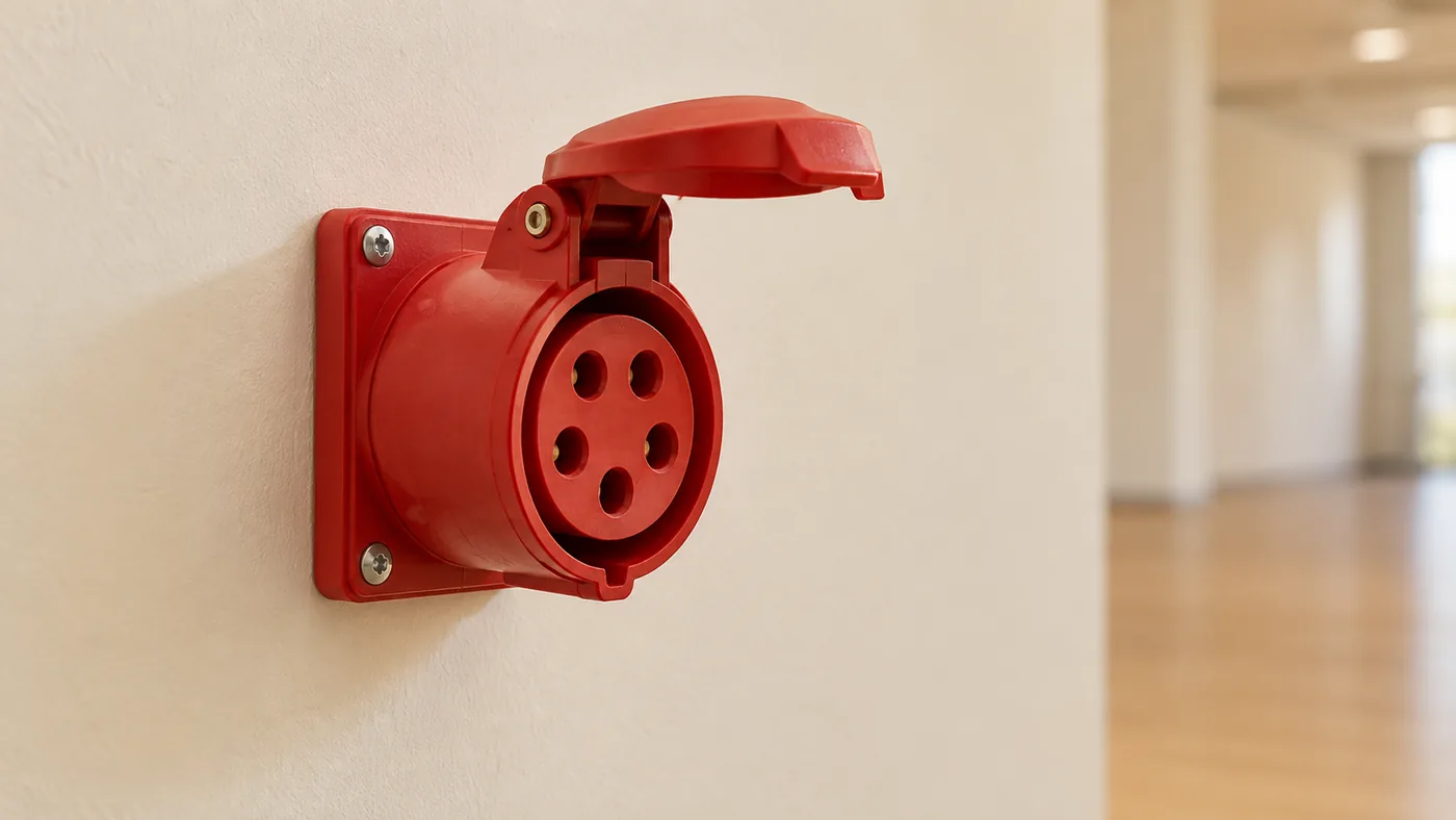 Rote CEE-Starkstromsteckdose mit 16 Ampere und f&uuml;nf Kontakten an einer hellen Wand